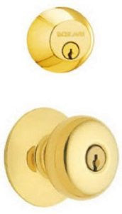 Schlage FB52N V PLY 505 B62 Double Cylinder Deadbolt and F51 Keyed Entry Plymouth Knob Keyed Alike, Bright Brass finish