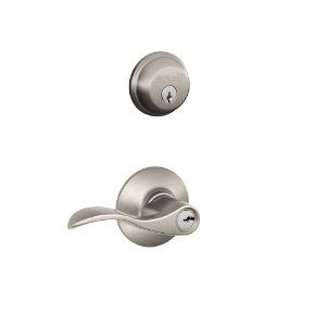 Schlage FB50N V ACC 619 B60 Single Cylinder Deadbolt and F51 Keyed Entry Accent Lever Keyed Alike, Satin Nickel finish