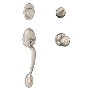 Schlage F60 V PLY 619 GEO 12-322 10-115 134 S KD C 48-180 2 N SL Plymouth Handleset, Keyed 1 Side with Accent Knob, Satin Nickel