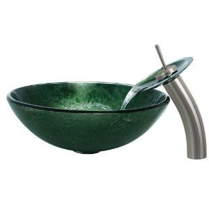 VIGO VGT004BNRND Emerald Glass Vessel Sink and Waterfall Faucet Set, Brushed Nickel