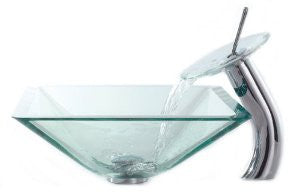 Kraus C-GVS-901-19mm-10CH Clear Aquamarine Glass Vessel Sink and Waterfall Faucet, Chrome