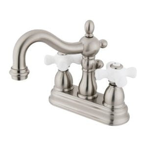 Kingston Brass KB1608PX Heritage 4-Inch Centerset Lavatory Faucet with Porcelain Cross Handle, Satin Nickel (Not CA/VT Compliant)