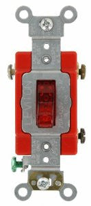 Leviton 1221-PLR 20-Amp, 120 Volt, Toggle Pilot Light, Illuminated On, Req, Neutral Single-Pole AC Quiet Switch, Extra Heavy Duty Grade, Self Grounding, Red