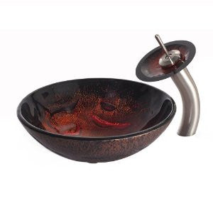 Kraus C-GV-710-12mm-10SN Lava Glass Vessel Sink and Waterfall Faucet, Satin Nickel