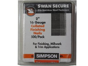Simpson Swan Secure T16N200FNB 16-Gauge Straight 316 Stainless Steel 2-Inch Finish Nails, 500 Per Box