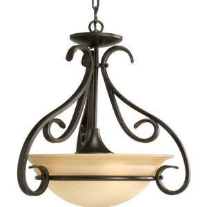 Progress Lighting P3843-77 3-Light Semi-Flush with Tea Stained Bell-Shaped Glass Bowl and Squared Scrolls and Arms, Forged Bronze