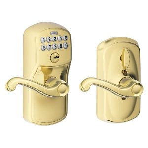 Schlage FE595 V PLY 505 FLA Plymouth Keypad Entry with Flex-Lock and Flair Style Levers, Bright Brass
