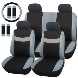 Adeco [CV0158] Whole Set of 13-Piece Car Seat Covers with Steering Wheel Cover and Safty Belt Covers, Black and Gray Color, Interior Decor