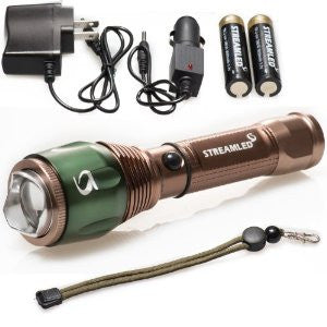 STREAMLED 1200 Lumen Zoomable CREE XM-L T6 LED Flashlight(Coffe Brown) + Charger + 18650 Battery